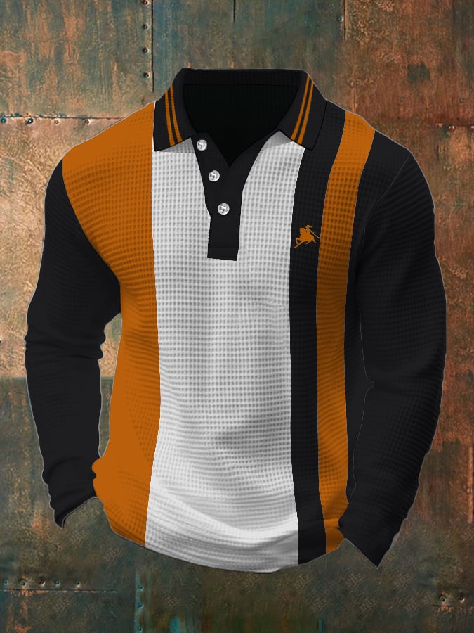 Men's Business Casual Waffle Fabric Long Sleeve Polo Shirt