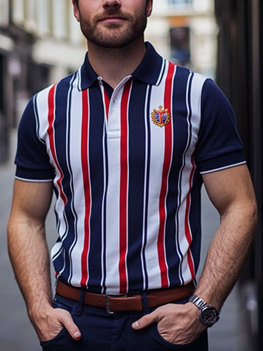 Men's Business Stripe Logo Button-Down Short Sleeve Polo Shirt