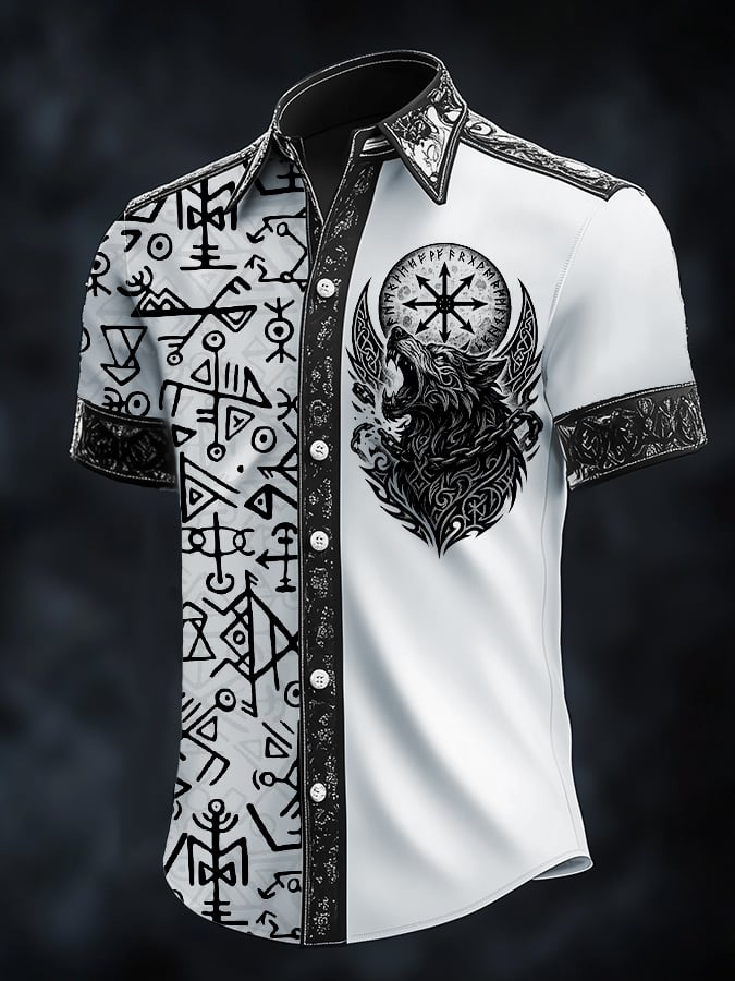 Men's Casual Dark Viking Wolf Print Satin Shirt