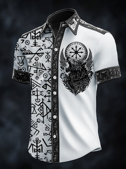 Men's Casual Dark Viking Wolf Print Satin Shirt