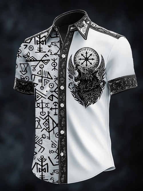 Men's Casual Dark Viking Wolf Print Satin Shirt