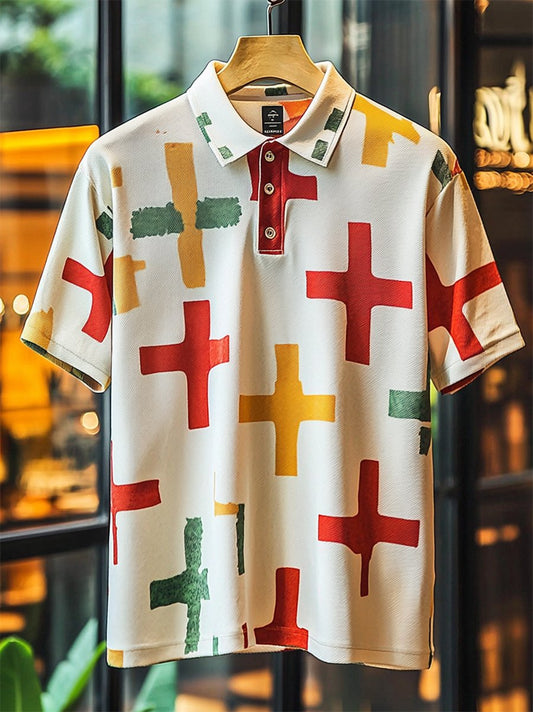Men's Vintage Casual Cross Art Button Short Sleeve Polo Shirt