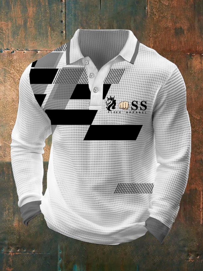 Men's Retro Letter Design Waffle Fabric Long Sleeve Polo Shirt