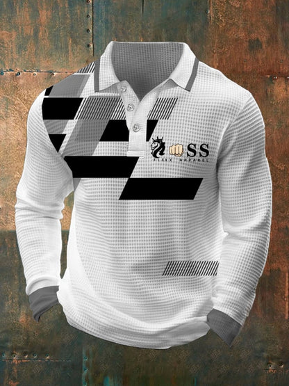 Men's Retro Letter Design Waffle Fabric Long Sleeve Polo Shirt
