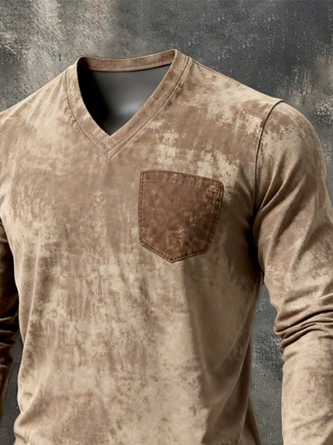 Men's Retro Washed Distressed V-Neck Long-Sleeve Top