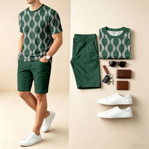 Men's Casual Checkered Print Round-Neck Short-Sleeve T-Shirt And Shorts Two-Piece Set