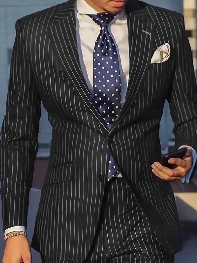 Men's Work Striped Single Breasted Notched Collar Blazer