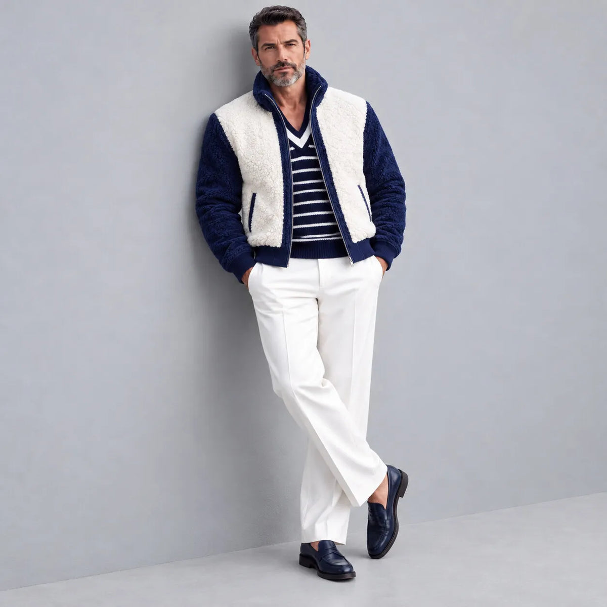 Men's Casual Color Block Stand Collar Slant Pockets Sherpa Fleece Zipper Jacket