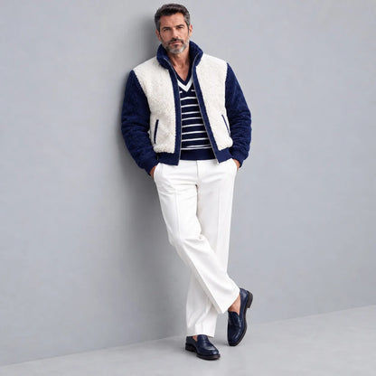 Men's Casual Color Block Stand Collar Slant Pockets Sherpa Fleece Zipper Jacket