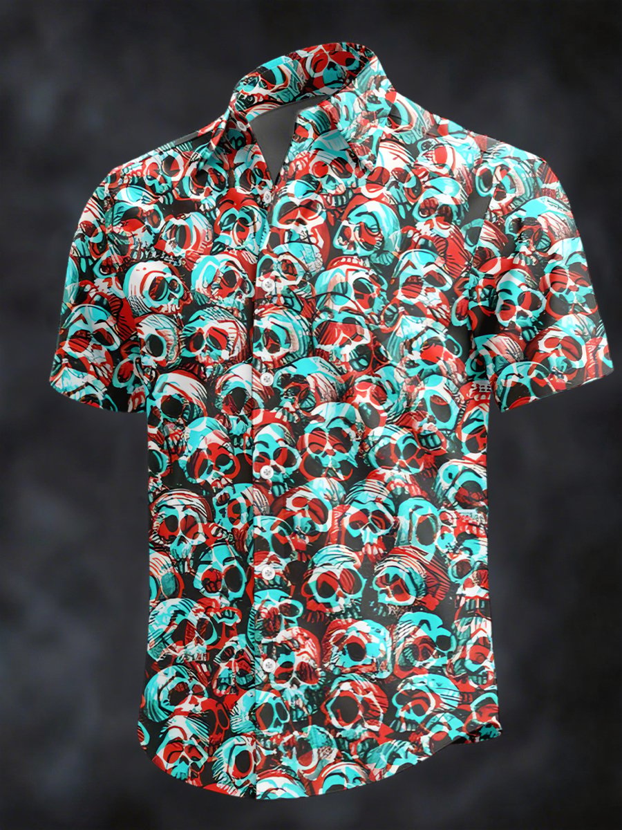 Men's Retro Horror Skull Print Lapel Short Sleeve Shirt