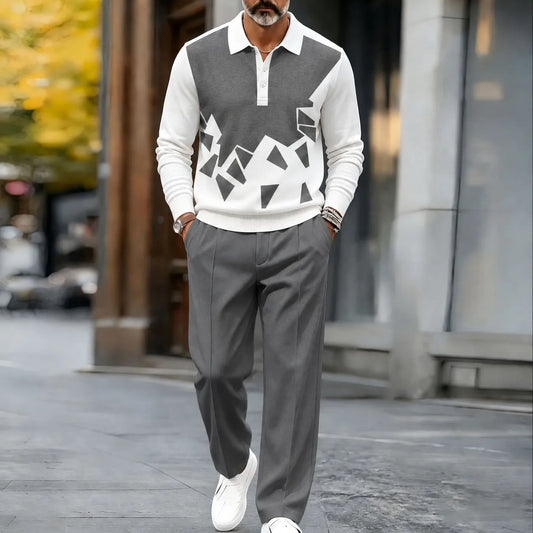 Men's Printed Polo Shirt and Pants Set