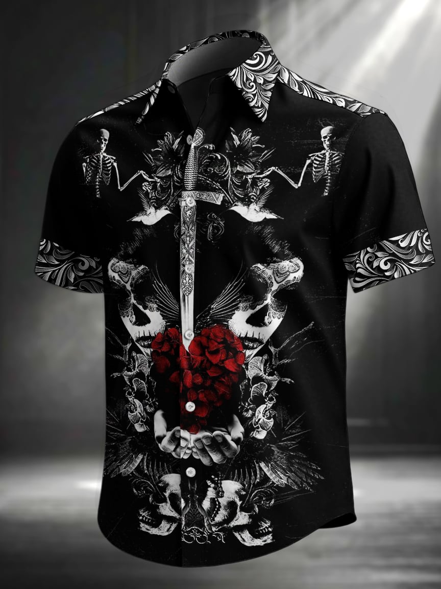 Men's Vintage Skull Floral Print Lapel Short Sleeve Shirt