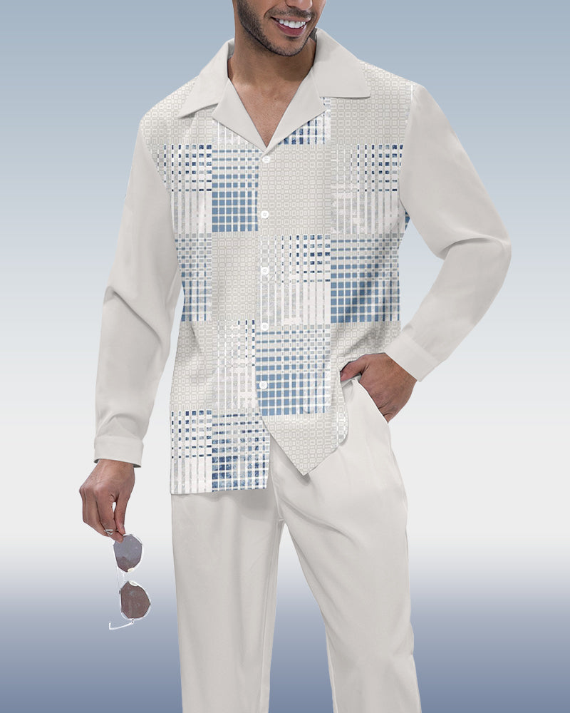 Men's Color Block Printed Long Sleeve Shirt Walking Suit 611