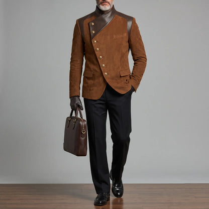 Men's Vintage Asymmetric Oblique Button PU Leather Contrast Spliced Suede Stand Collar Long Sleeve Jacket