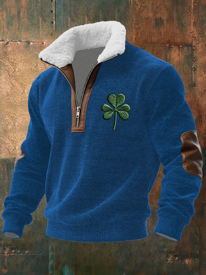 Men's Vintage St. Patrick's Day Print Long-Sleeved Sweatshirt With Fur Collar