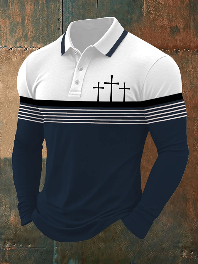 Men's Retro Faith  Casual Printed Long Sleeve Polo Shirt