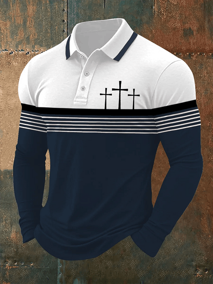Men's Retro Faith  Casual Printed Long Sleeve Polo Shirt