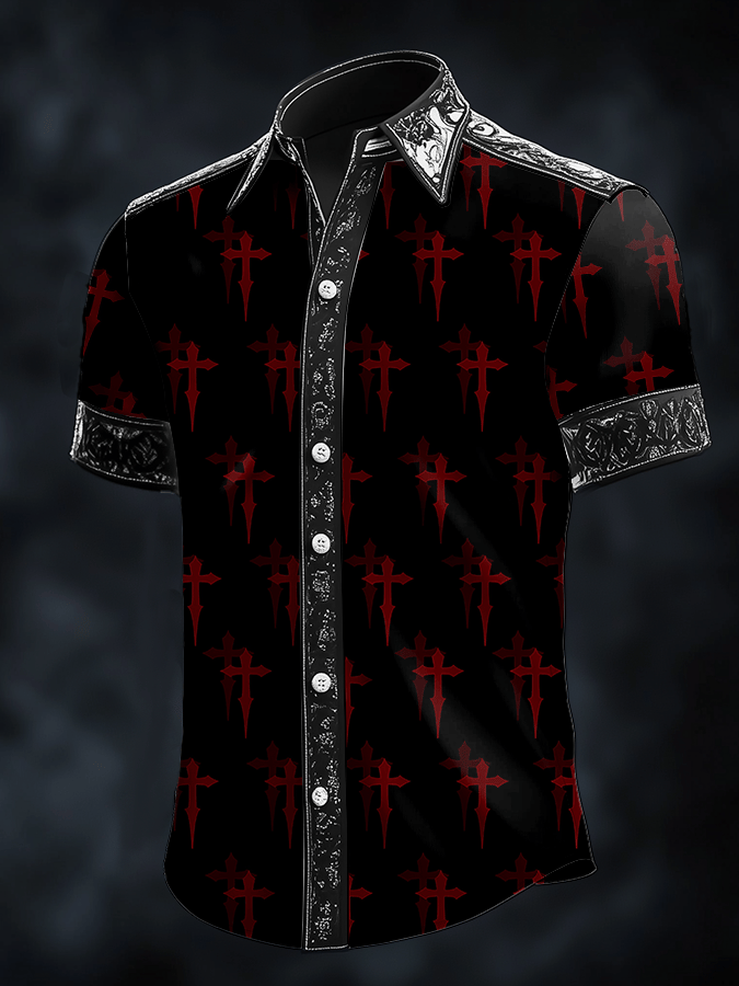 Men's Dark Skull Print Satin Short Sleeve Shirt