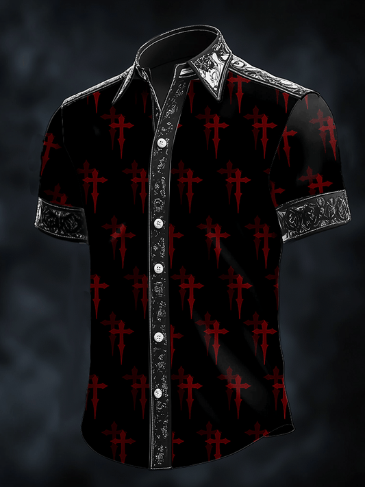 Men's Dark Skull Print Satin Short Sleeve Shirt