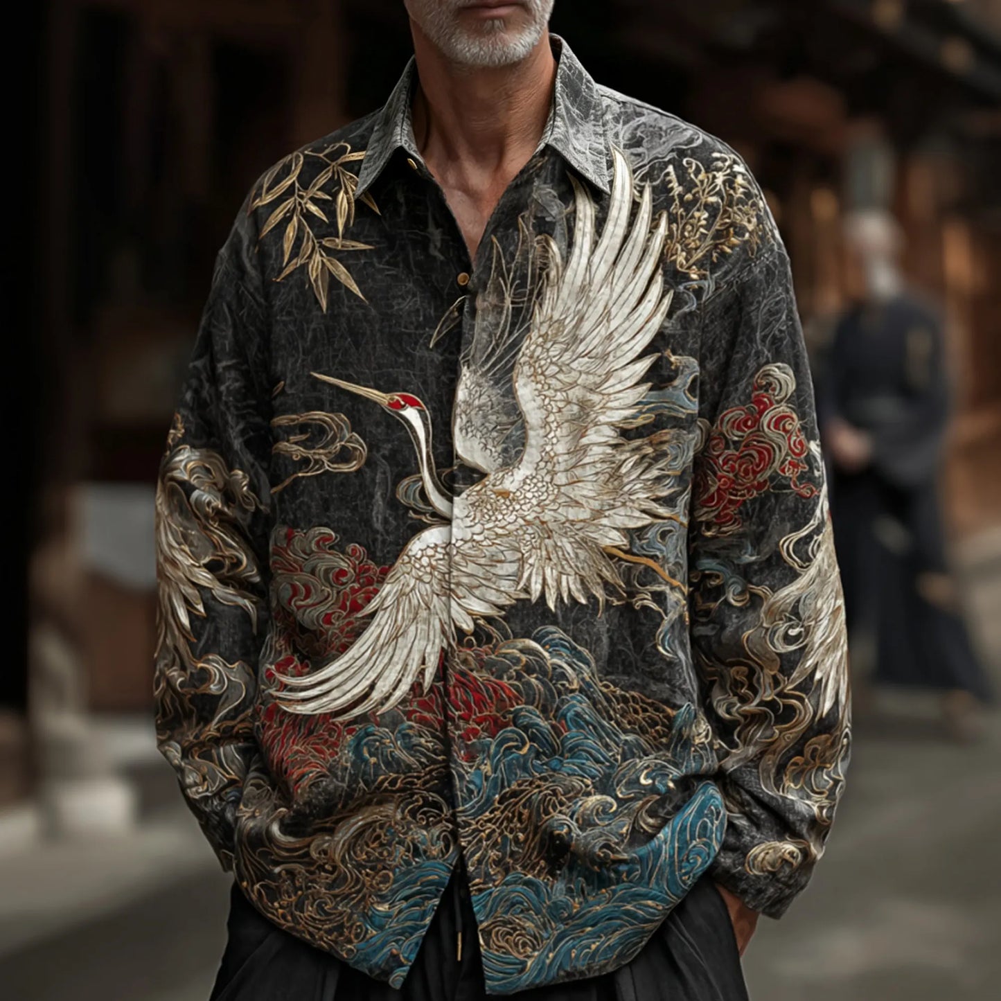 Men's Retro Japanese Style Crane And Wave Print Casual Cotton Linen Long-sleeve Shirt
