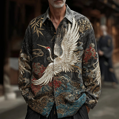 Men's Retro Japanese Style Crane And Wave Print Casual Cotton Linen Long-sleeve Shirt