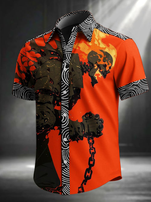 Men's Vintage Skull Floral Print Lapel Short Sleeve Shirt