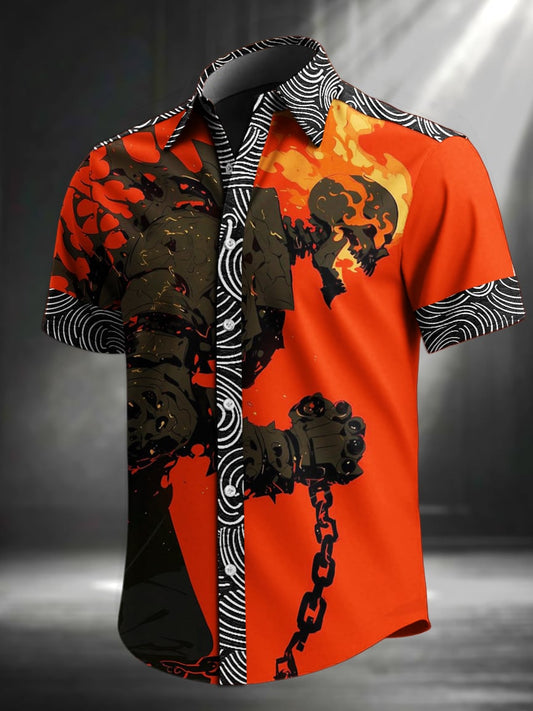 Men's Vintage Skull Floral Print Lapel Short Sleeve Shirt
