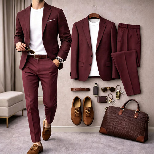 Men's Solid-Color Long-Sleeve Shirt and Long Pants Suit Set