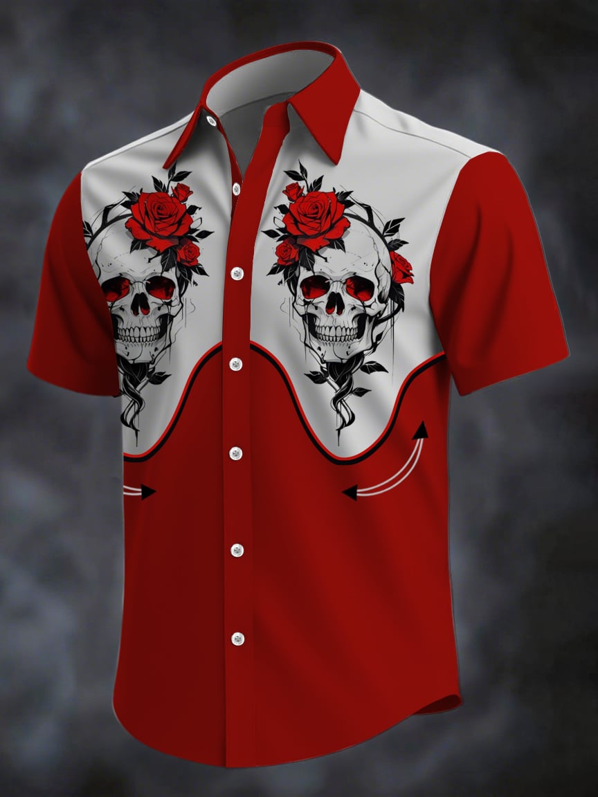 Men's Dark Skull Print Casual Short Sleeve Shirt