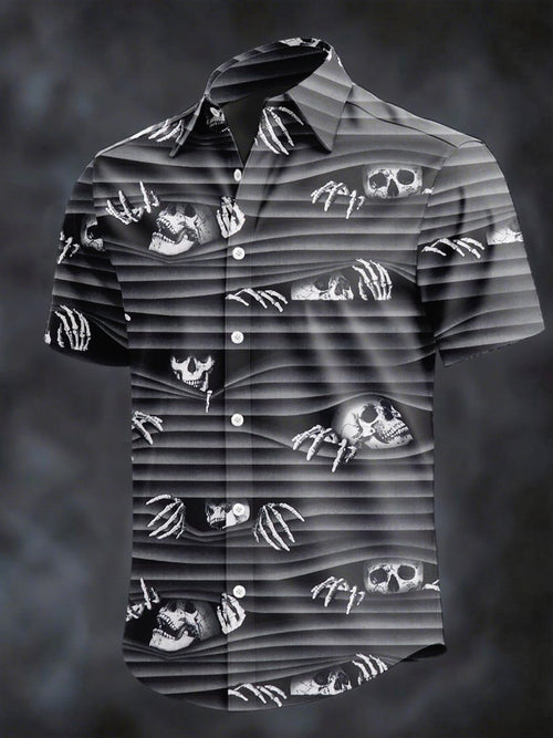 Men's Retro Horror Skull Print Lapel Short Sleeve Shirt