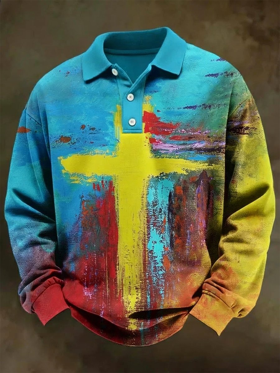 Men's Retro Faith Oil Painting Art Long-Sleeved Polo Shirt