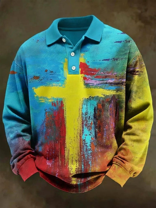 Men's Retro Faith Oil Painting Art Long-Sleeved Polo Shirt
