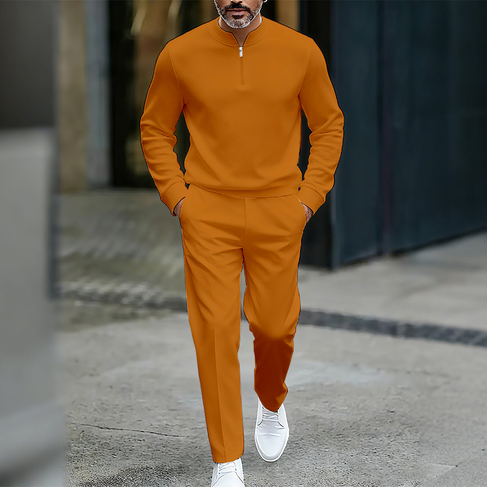 Men's Casual Solid Color Round-Neck Zipper Long Sleeved Trousers Two-Piece Set