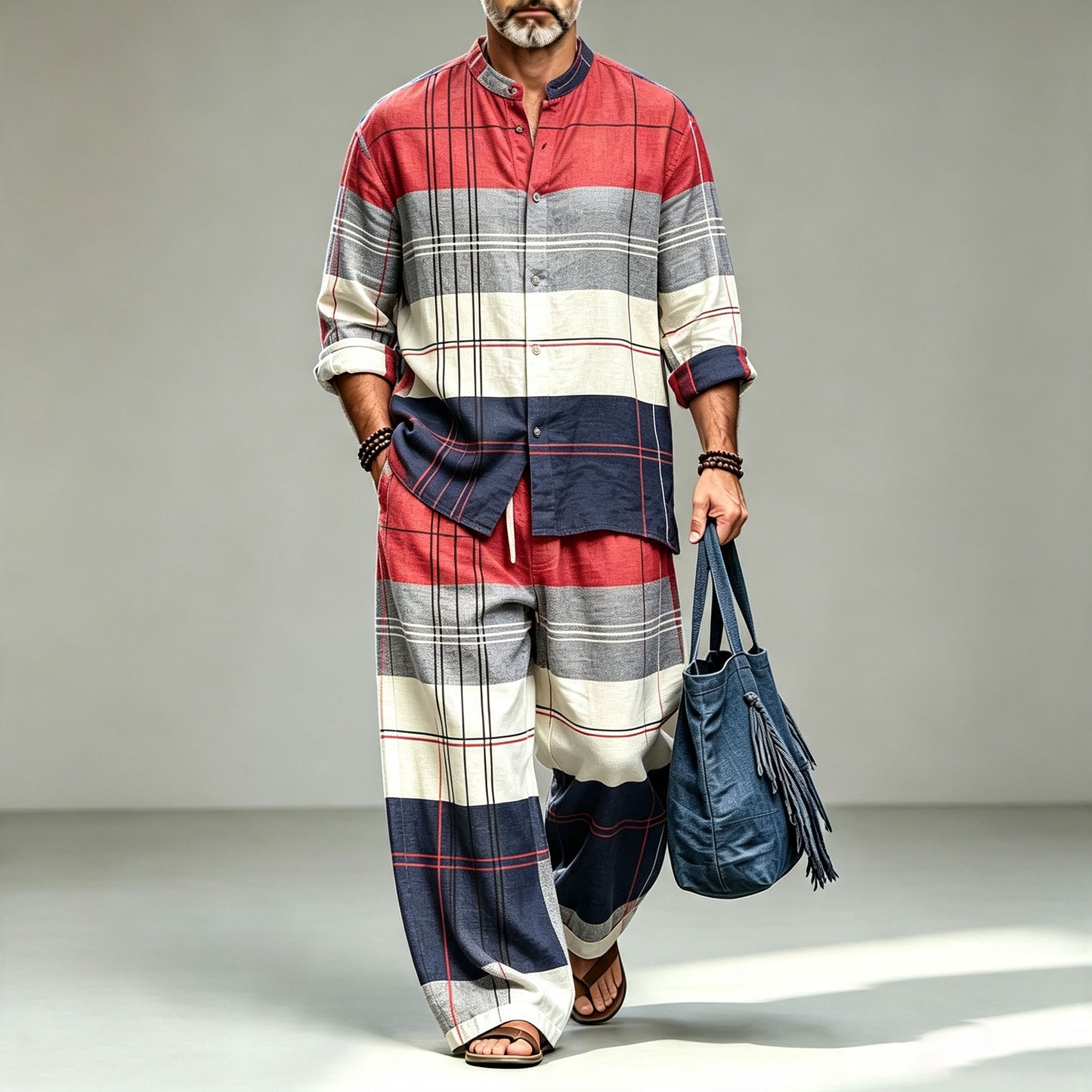 Men's Striped Print Stand-Collar Long-Sleeve Shirt and Pants Set