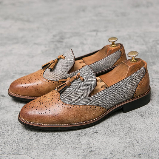 Business Casual Retro Carved Color Block Fringed Leather Shoes