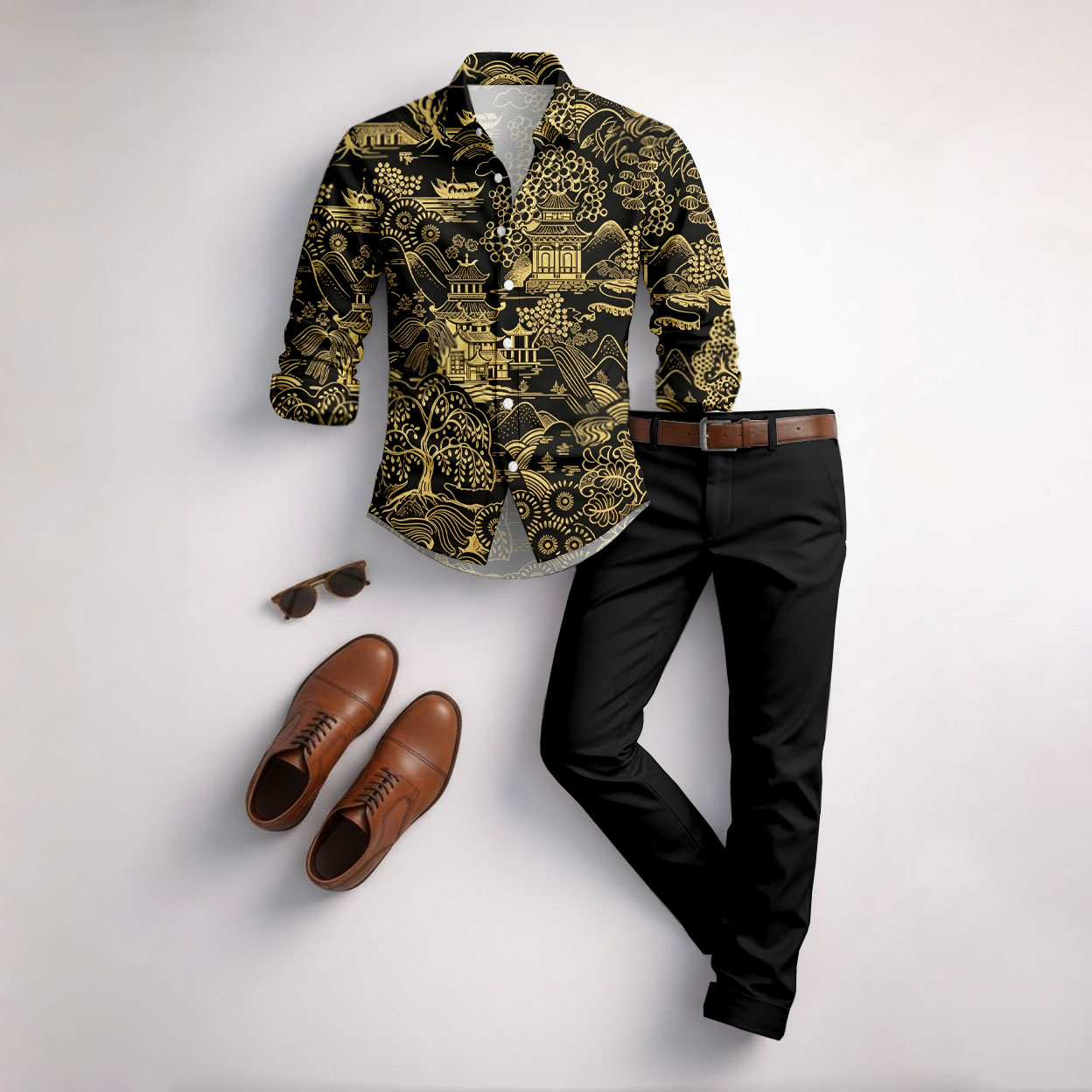 Men's Casual Black Color Matching Geometric Printed Long Sleeved Shirt & Trousers Two-Piece Set