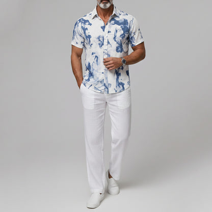 Men's Ink-wash Print Button Vacation Cuffed Edge Short Sleeve Shirt