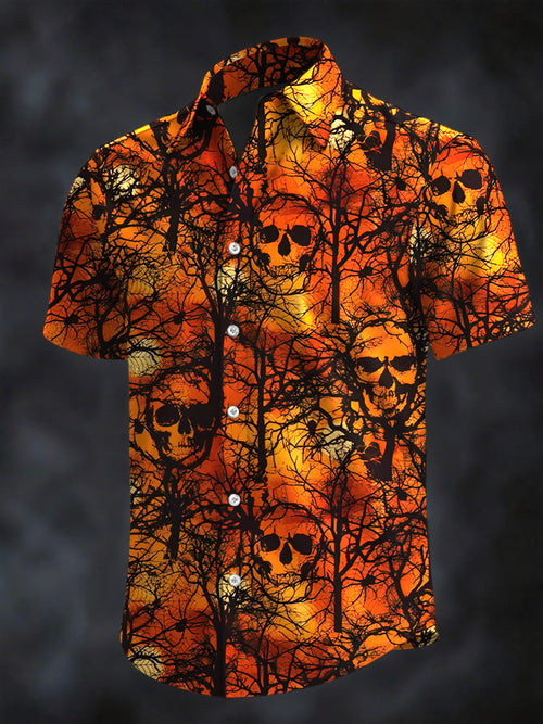 Men's Retro Horror Skull Print Lapel Short Sleeve Shirt