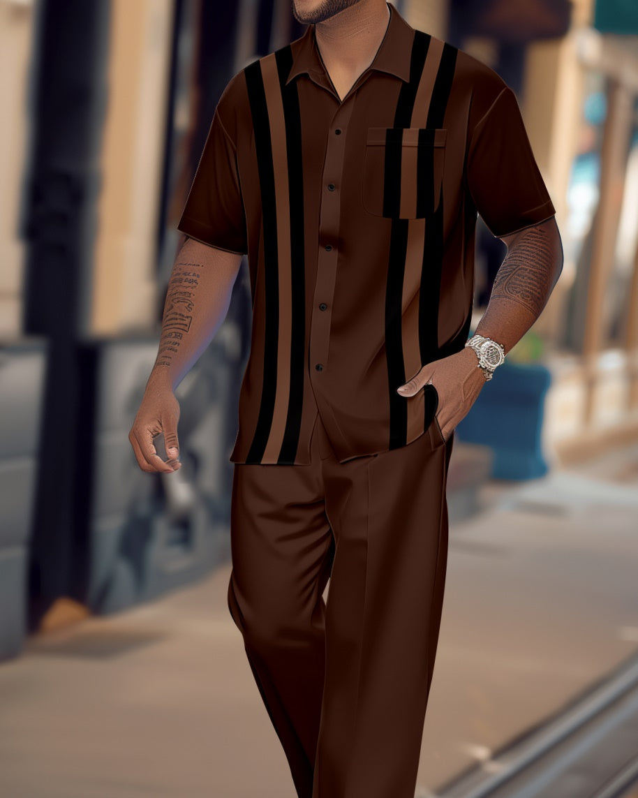 Men's retro colorblock short-sleeved shirt walking Suit 1623