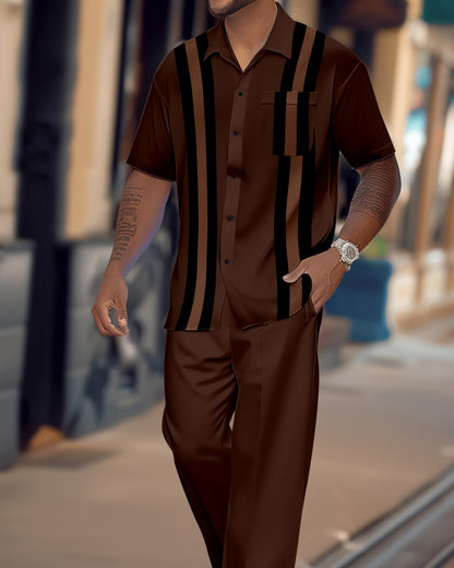 Men's retro colorblock short-sleeved shirt walking Suit 1623