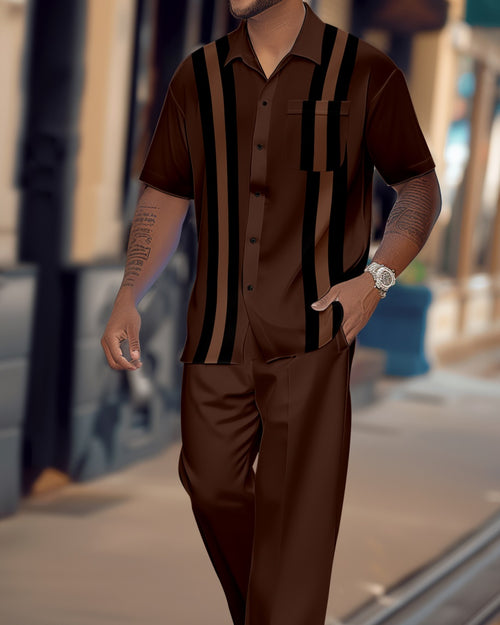 Men's retro colorblock short-sleeved shirt walking Suit 1623