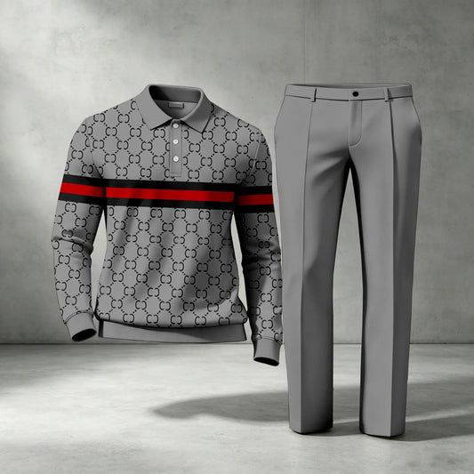 Men's Double-C Long-Sleeve Polo Shirt and Pants Two-Piece Set