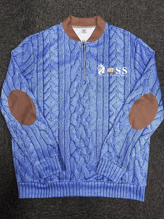 Men's Retro Letter Print Zipper Neck Knit Sweatshirt