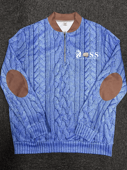 Men's Retro Letter Print Zipper Neck Knit Sweatshirt