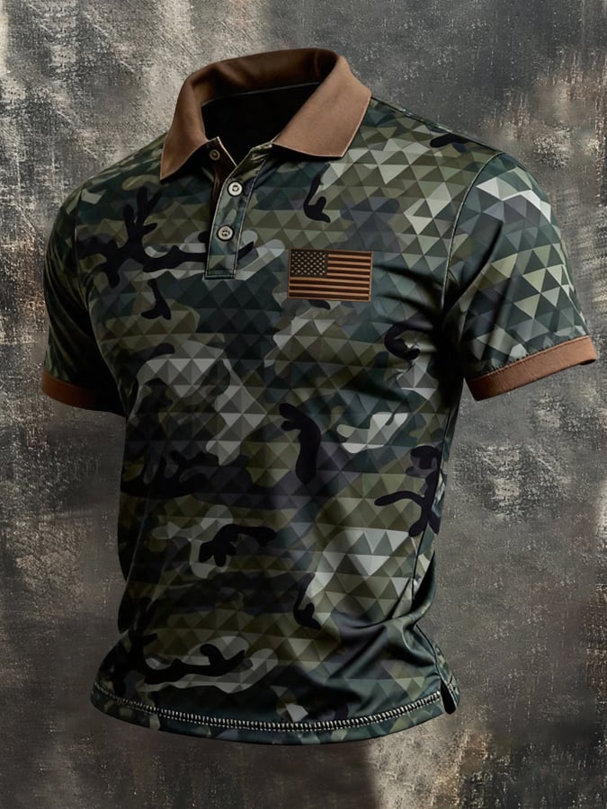 Men's Retro Patriotic Color-Block Short-Sleeve Polo Shirt