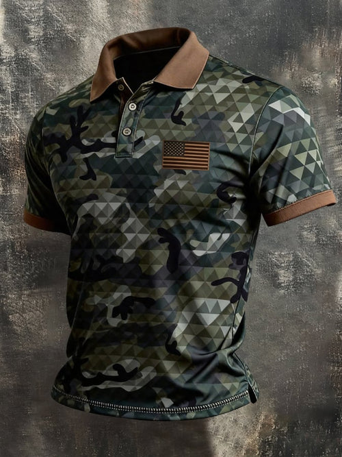Men's Retro Patriotic Color-Block Short-Sleeve Polo Shirt