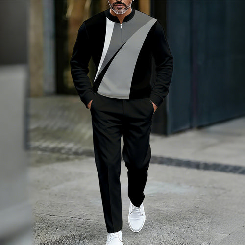 Men's Casual Color Matching Printed Round-Neck Zipper Long Sleeved Trousers Two-Piece Set