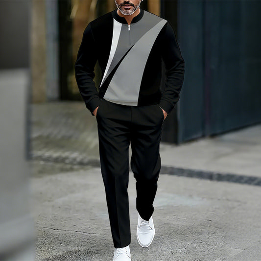 Men's Casual Color Matching Printed Round-Neck Zipper Long Sleeved Trousers Two-Piece Set