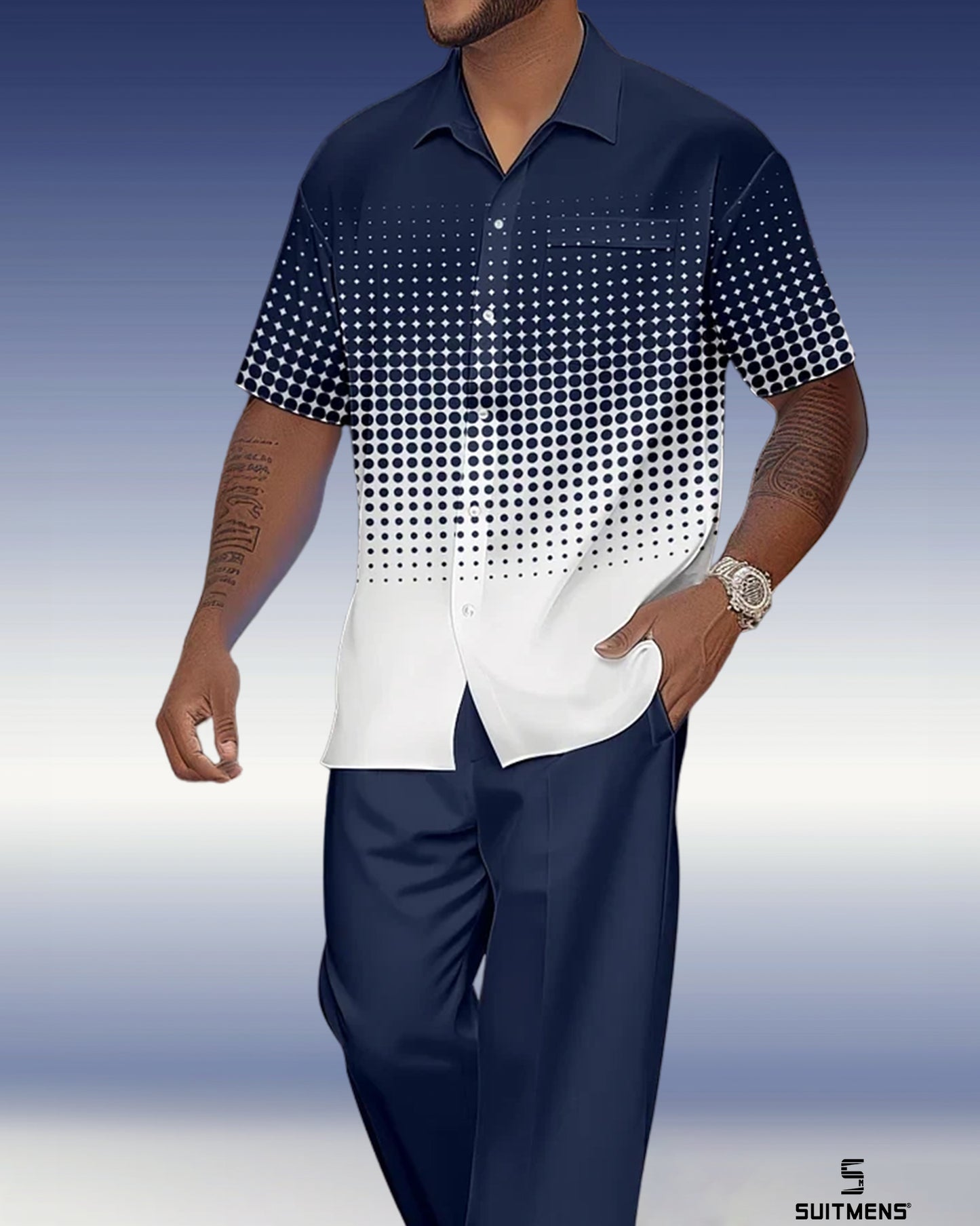 Men's Gradient Print Short Sleeve Shirt Walking Suit 1079