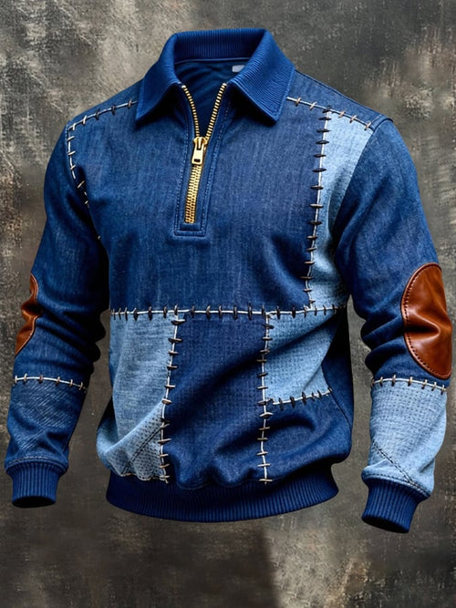 Men's Vintage Color-Block Printed Zip-Up Hoodie